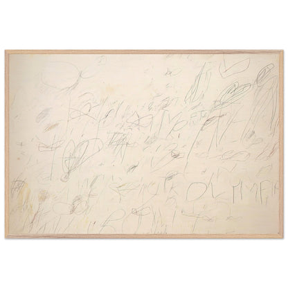 Olympia by Cy Twombly framed art print; featuring a warm ivory and pale cream background covered with delicate pencil-like lines, overlapping scribbles; size 800 × 1200 mm (32 × 48 in); wood frame.