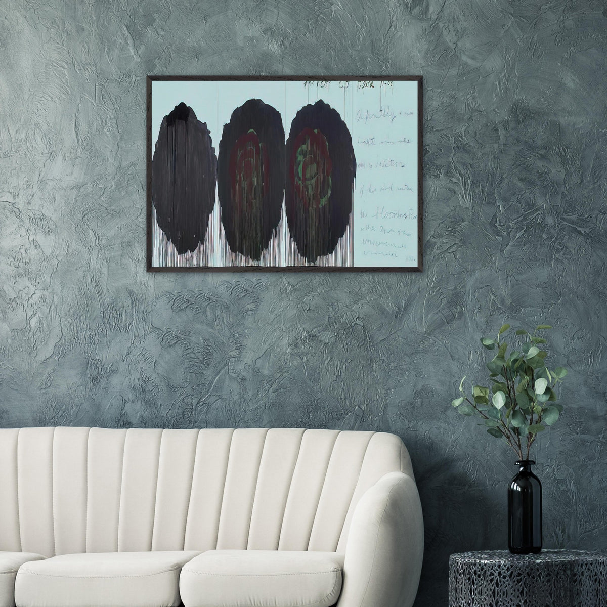 The Rose (V) by Cy Twombly framed art print; featuring three monumental rose forms in deep black, charcoal, burgundy, and dark crimson.