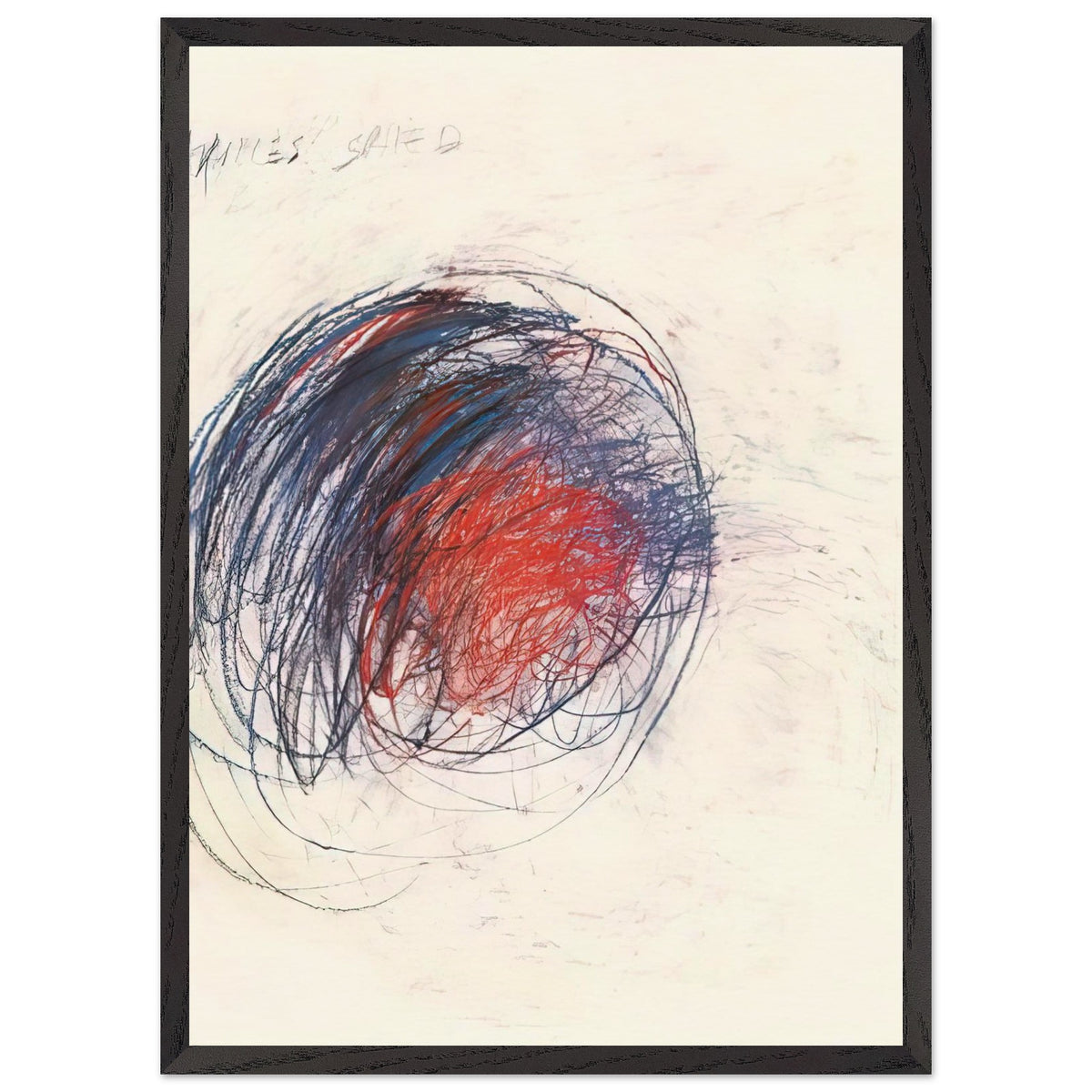 Fifty Days at Iliam: Shield of Achilles by Cy Twombly, framed art print, 40x50 cm / 16x20″, Black frame; intricate black lines, expressive red strokes, deep blue accents