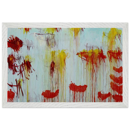 Lepanto, Part XI by Cy Twombly framed art print; featuring a luminous turquoise and pale blue background with vibrant golden-yellow brushstrokes; size 28 × 43 cm (11 × 17 in); white frame.