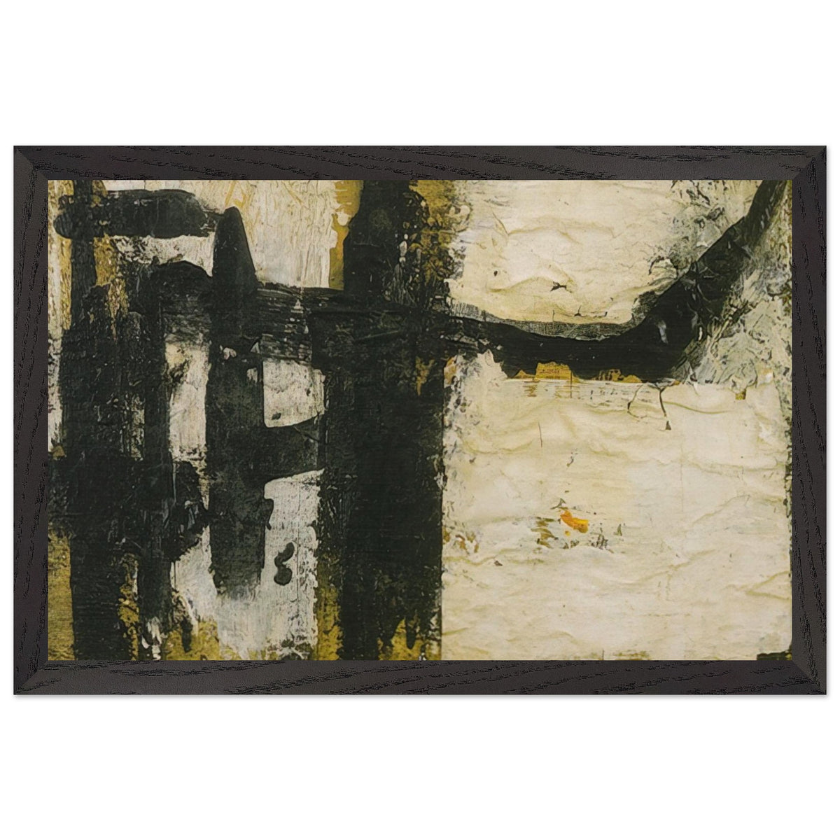 Landscape by Cy Twombly framed art print; featuring bold black and charcoal forms, textured ivory and cream surfaces, and subtle accents of ochre, olive green; size 28 × 43 cm (11 × 17 in); wood frame.