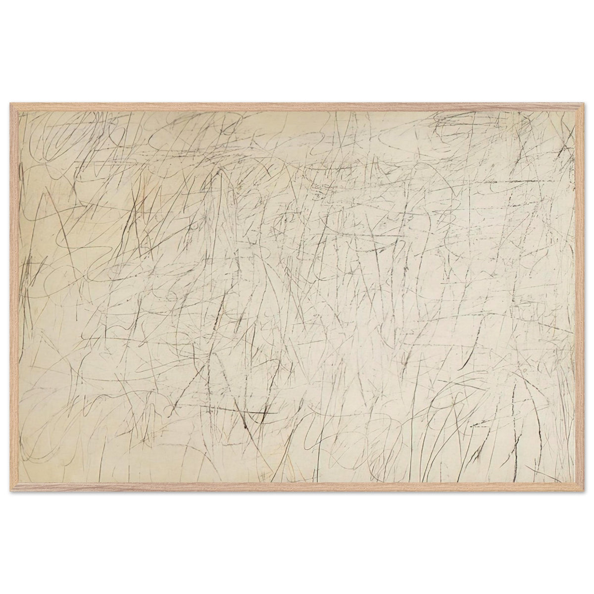 The Geeks by Cy Twombly framed art print; featuring an ivory and warm beige background covered with delicate pencil-like scribbles, intersecting lines; size A1 (59.4 × 84.1 cm); white frame.