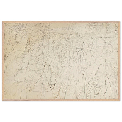 The Geeks by Cy Twombly framed art print; featuring an ivory and warm beige background covered with delicate pencil-like scribbles, intersecting lines; size A1 (59.4 × 84.1 cm); white frame.