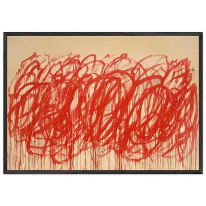 Untitled (Bacchus) by Cy Twombly framed art print; featuring sweeping vermilion-red brushstrokes, overlapping loops, energetic curves; size 800 × 1200 mm (32 × 48 in); white frame.