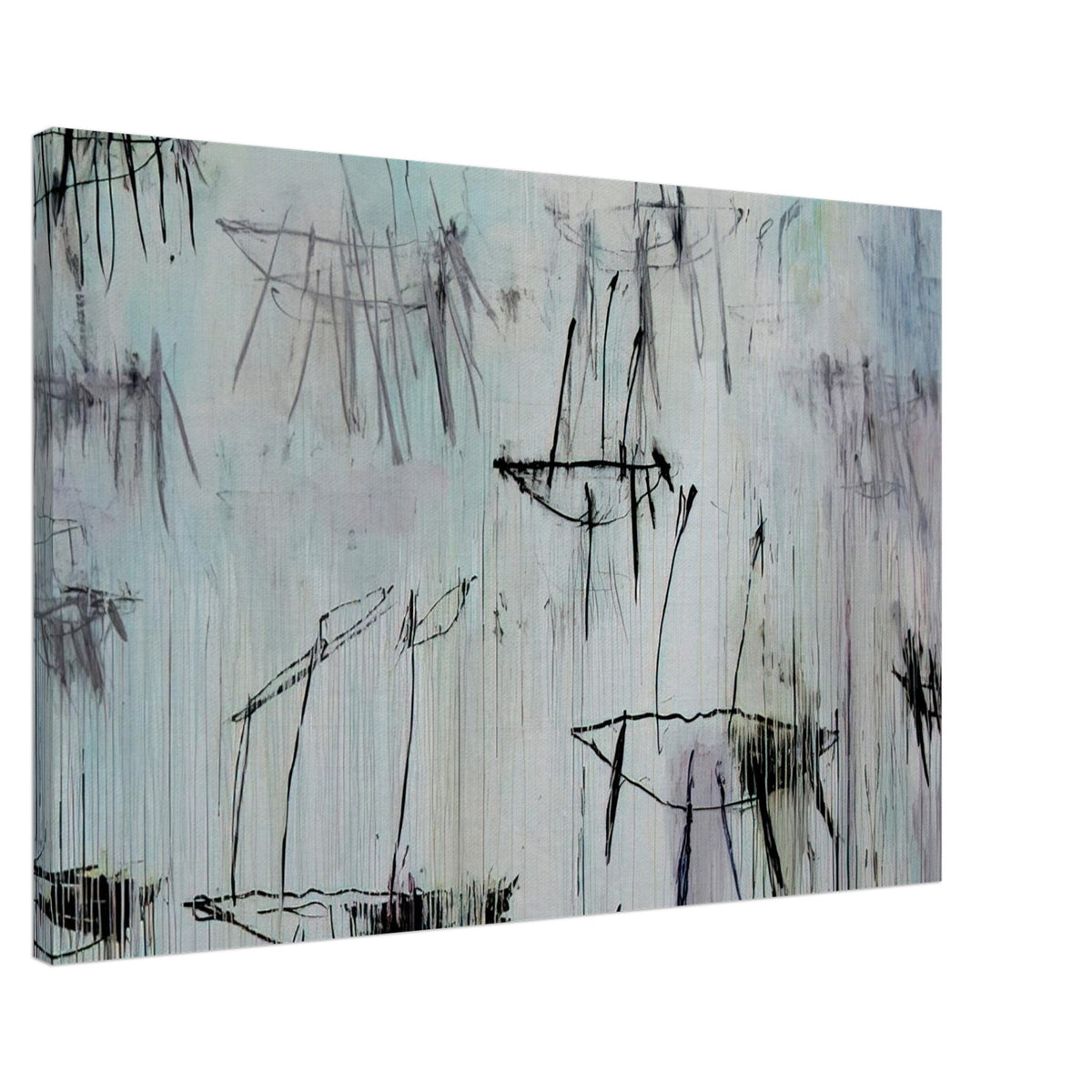 Lepanto, Part V by Cy Twombly canvas print, 60 × 90 cm / 24 × 36 in: a pale blue-gray background covered with spontaneous black lines, sketch-like geometric forms….