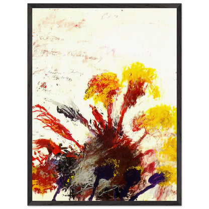 Summer Madness by Cy Twombly, framed art print, energetic red and crimson brushstrokes with bright yellow, orange, 70x100 cm (28x40 in), black frame