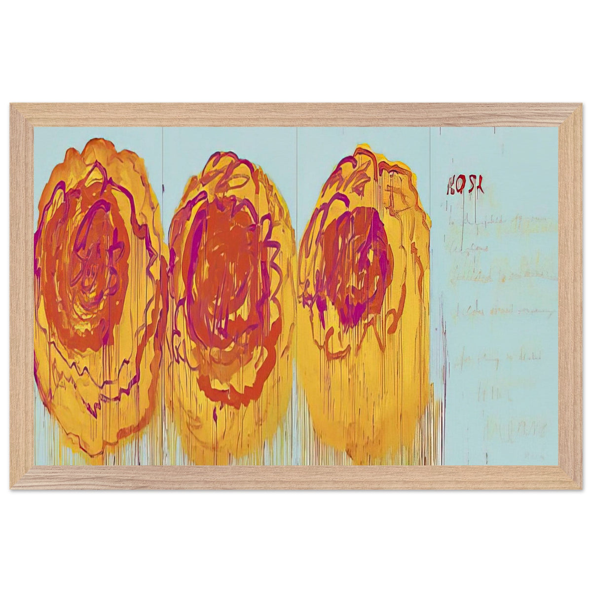 The Rose (I) by Cy Twombly framed art print; featuring three large, abstract rose forms painted in radiant golden yellow, fiery orange, deep red; size 28 × 43 cm (11 × 17 in); black frame.