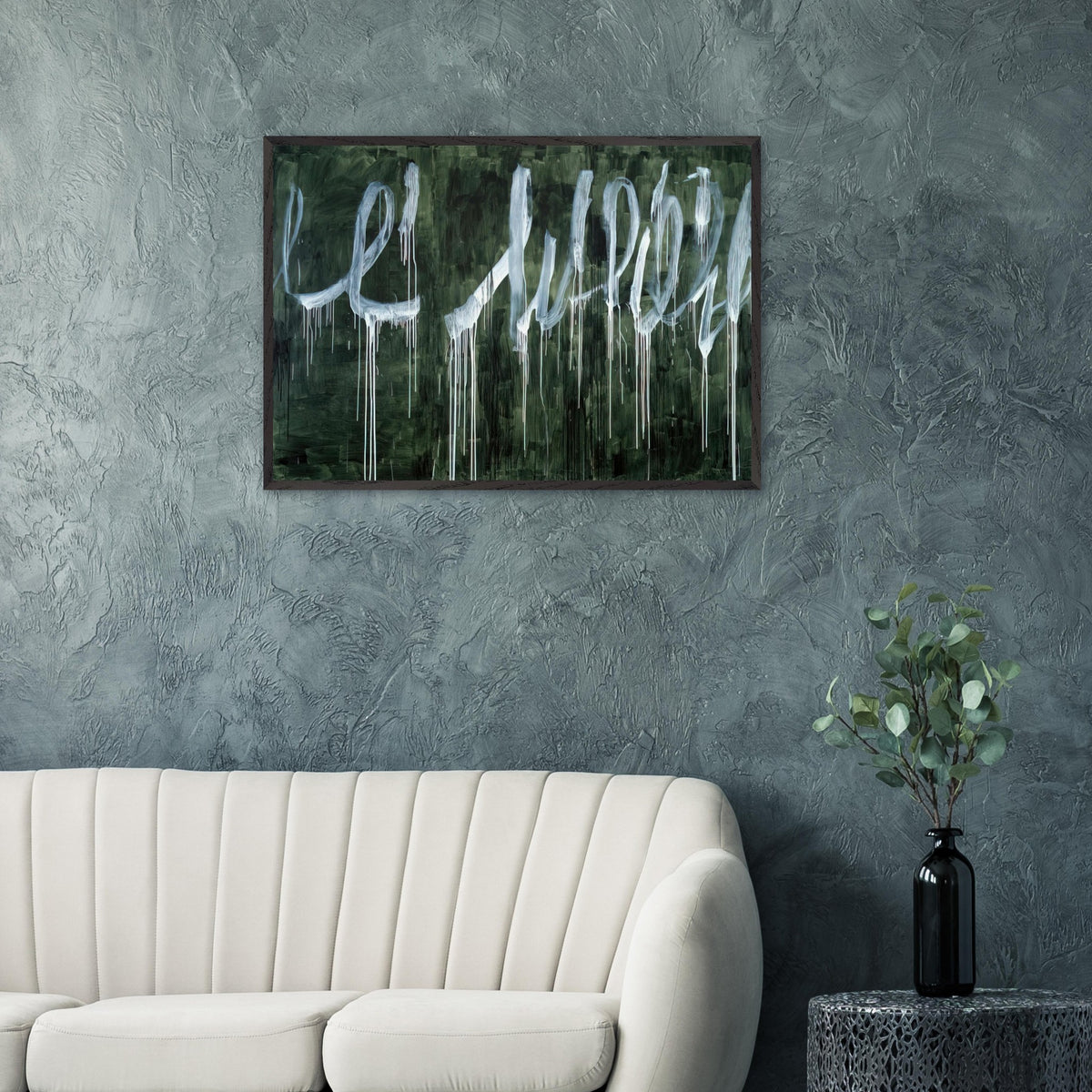 III Notes from Salalah (Note I) by Cy Twombly framed art print; featuring expressive white looping strokes and elongated paint drips against a rich, dark green background.