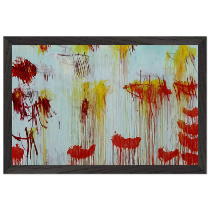 Lepanto, Part XI by Cy Twombly framed art print; featuring a luminous turquoise and pale blue background with vibrant golden-yellow brushstrokes; size 70 × 100 cm (28 × 40 in); black frame.