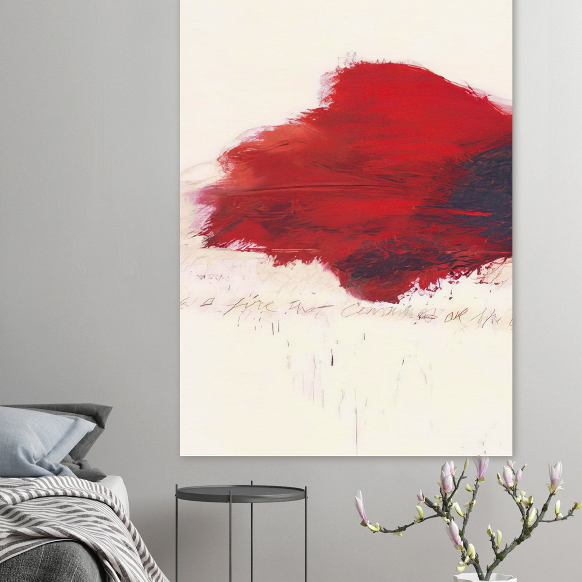 The Fire that Consumes All Before It by Cy Twombly, poster; a sweeping expanse of crimson red, layered brushstrokes, and deep reddish-black accents against a pale, off-white background
