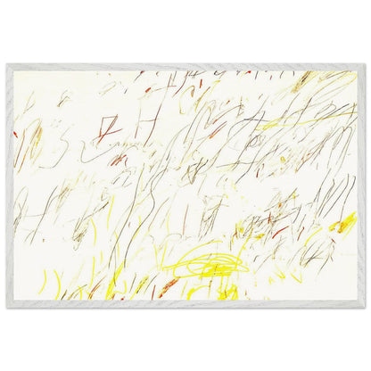 Blue Room by Cy Twombly framed art print; featuring delicate, spontaneous scribbles and gestural lines in shades of black, red, orange; size A1 (59.4 × 84.1 cm); black frame.