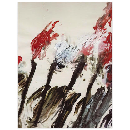 Nicola's Irises by Cy Twombly, poster; sweeping red and crimson brushstrokes, delicate pink accents, cool blue details, and dark gestural lines against a pale background