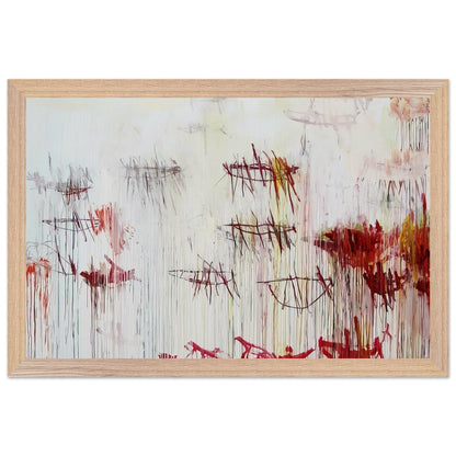 Lepanto, Part IX by Cy Twombly framed art print; featuring a luminous pale blue and ivory background, energetic crimson and burgundy marks, delicate yellow accents; size 30 × 45 cm (12 × 18 in); white frame.