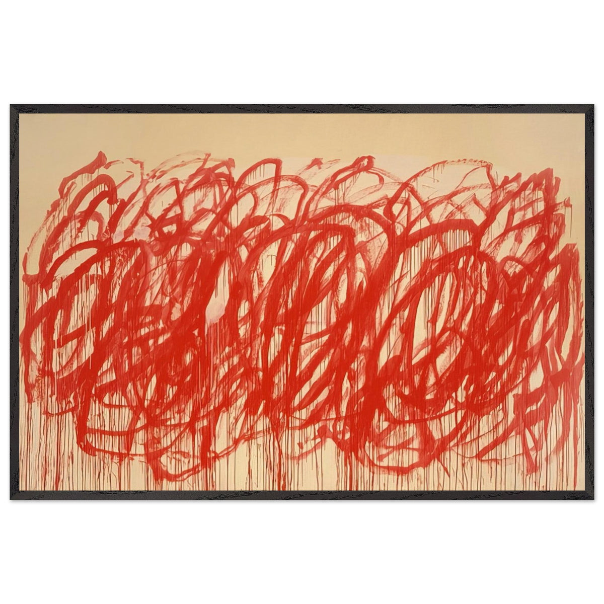 Untitled (Bacchus) by Cy Twombly framed art print; featuring sweeping vermilion-red brushstrokes, overlapping loops, energetic curves; size 28 × 43 cm (11 × 17 in); wood frame.