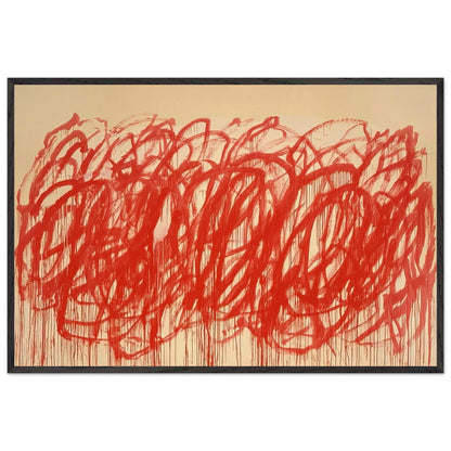 Untitled (Bacchus) by Cy Twombly framed art print; featuring sweeping vermilion-red brushstrokes, overlapping loops, energetic curves; size 28 × 43 cm (11 × 17 in); wood frame.