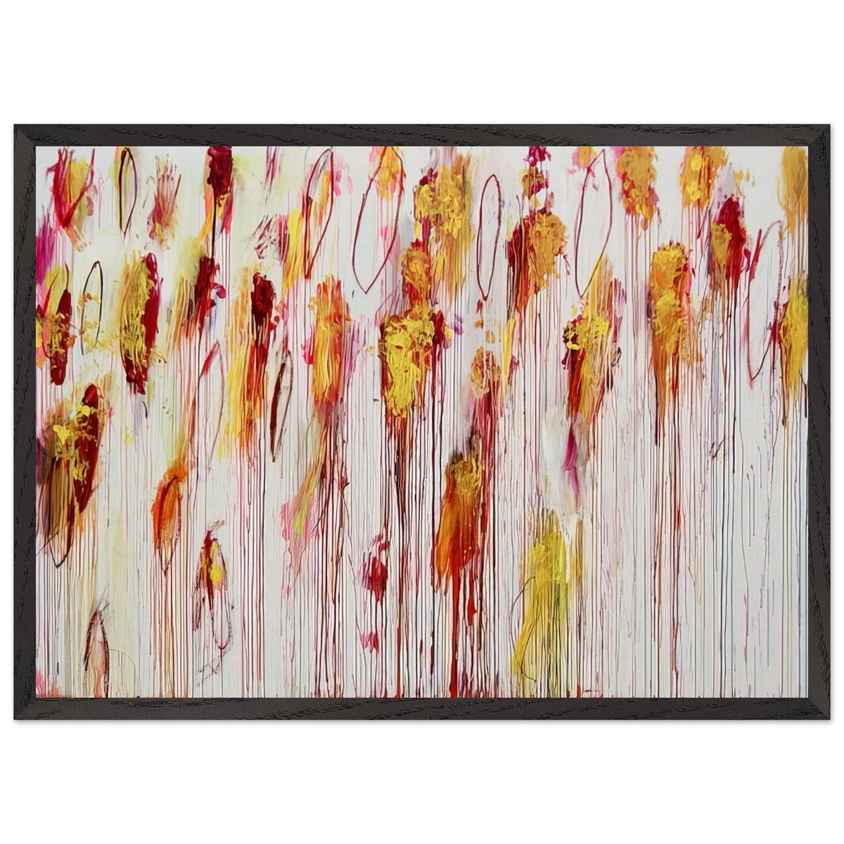 Lepanto, Part VIII by Cy Twombly framed art print; featuring vivid golden-yellow and orange brushstrokes, deep crimson and burgundy accents, delicate pink marks; size 70 × 100 cm (28 × 40 in); wood frame.
