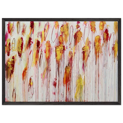 Lepanto, Part VIII by Cy Twombly framed art print; featuring vivid golden-yellow and orange brushstrokes, deep crimson and burgundy accents, delicate pink marks; size 70 × 100 cm (28 × 40 in); wood frame.