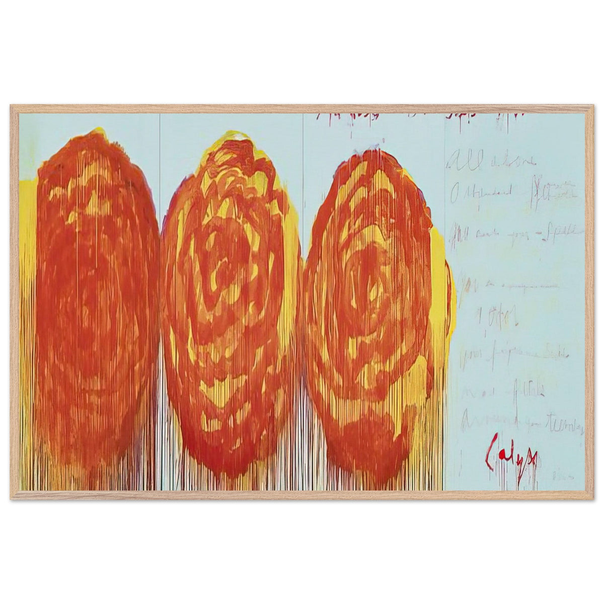 The Rose (II) by Cy Twombly framed art print; featuring three oversized rose-like forms in vibrant orange, fiery red; size 28 × 43 cm (11 × 17 in); black frame.