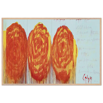 The Rose (II) by Cy Twombly framed art print; featuring three oversized rose-like forms in vibrant orange, fiery red; size 28 × 43 cm (11 × 17 in); black frame.