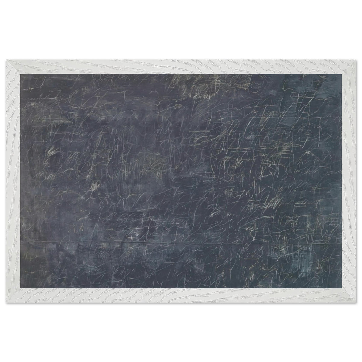 Panorama by Cy Twombly framed art print; featuring a deep charcoal-gray background covered with intricate white and pale-gray scribbles, intersecting lines; size A1 (59.4 × 84.1 cm); white frame.