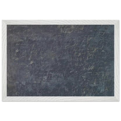 Panorama by Cy Twombly framed art print; featuring a deep charcoal-gray background covered with intricate white and pale-gray scribbles, intersecting lines; size A1 (59.4 × 84.1 cm); white frame.
