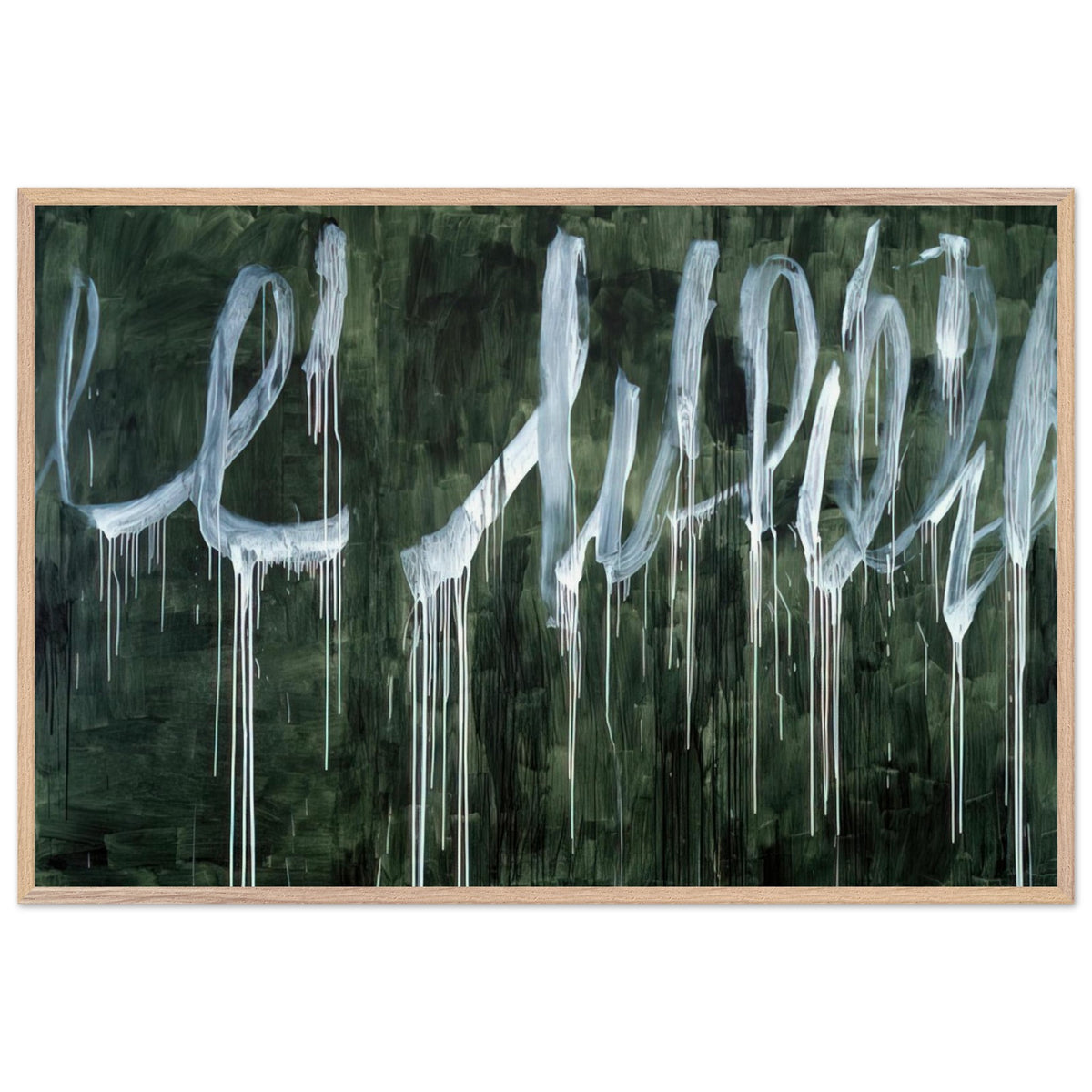 III Notes from Salalah (Note I) by Cy Twombly framed art print; featuring expressive white looping strokes and elongated paint drips against a rich, dark green background; size A1 (59.4 × 84.1 cm); white frame.