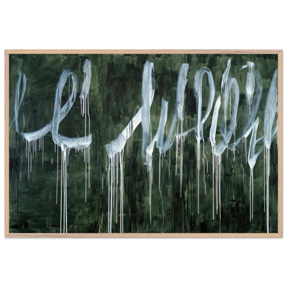 III Notes from Salalah (Note I) by Cy Twombly framed art print; featuring expressive white looping strokes and elongated paint drips against a rich, dark green background; size A1 (59.4 × 84.1 cm); white frame.