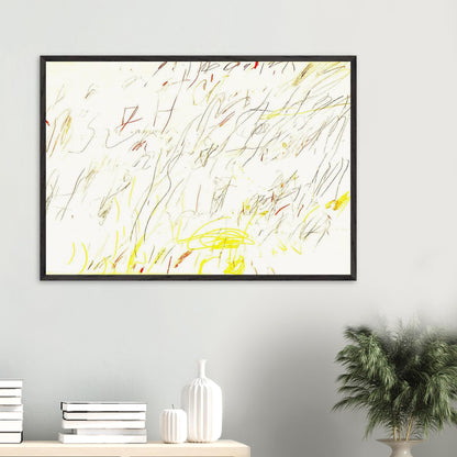 Blue Room by Cy Twombly framed art print; featuring delicate, spontaneous scribbles and gestural lines in shades of black, red, orange.