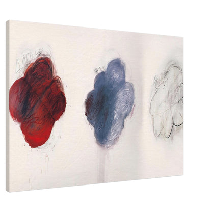 Fifty Days at Iliam: Shades of Achilles, Patroclus, and Hector by Cy Twombly canvas print, 40 × 50 cm / 16 × 20 in: This striking composition features three cloud-like shapes arranged across a pale background: an intense….
