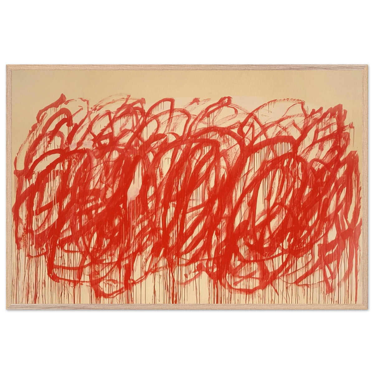 Untitled (Bacchus) by Cy Twombly framed art print; featuring sweeping vermilion-red brushstrokes, overlapping loops, energetic curves; size 800 × 1200 mm (32 × 48 in); black frame.