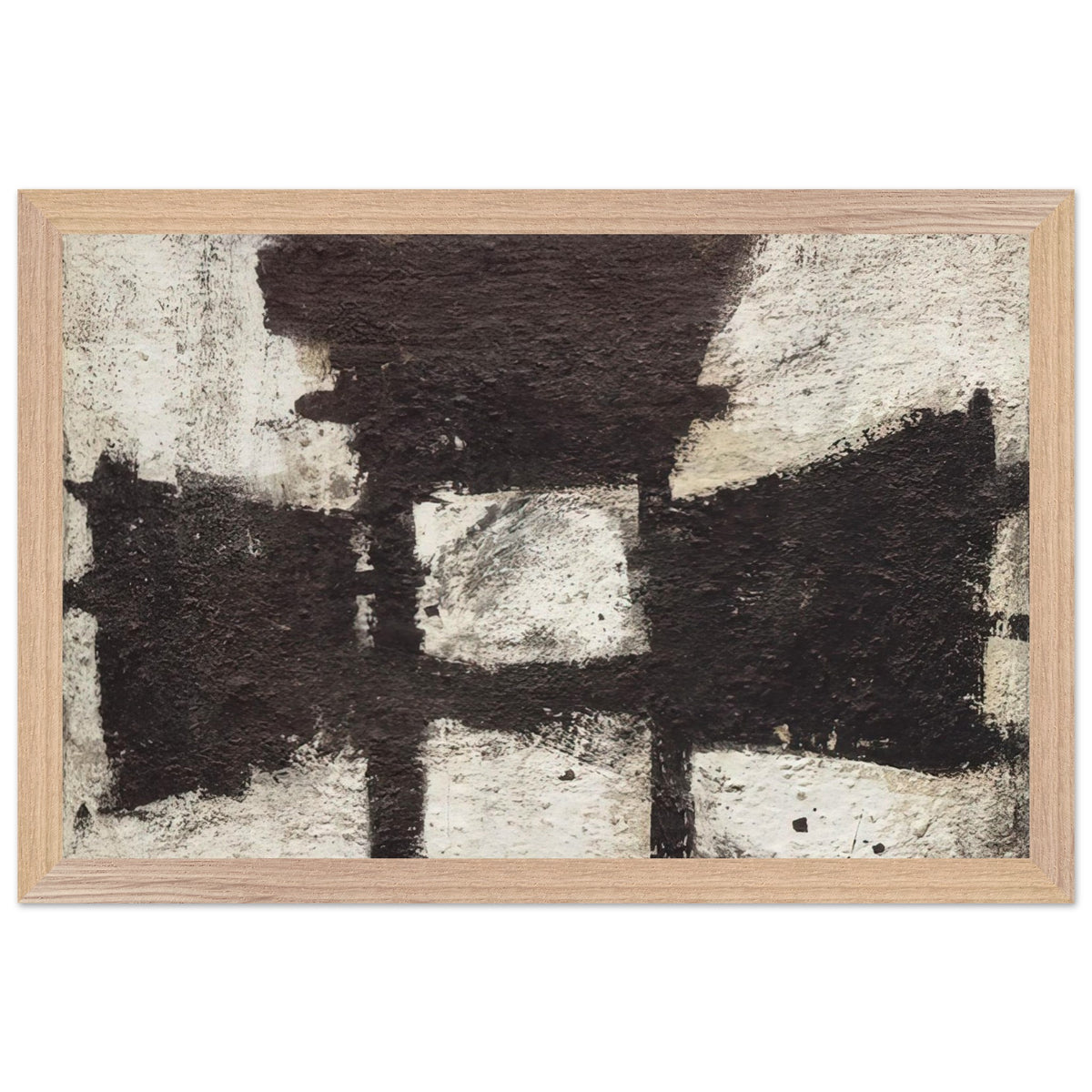 Zyig by Cy Twombly framed art print; featuring bold black and dark brown geometric forms against a textured ivory background; size 800 × 1200 mm (32 × 48 in); black frame.