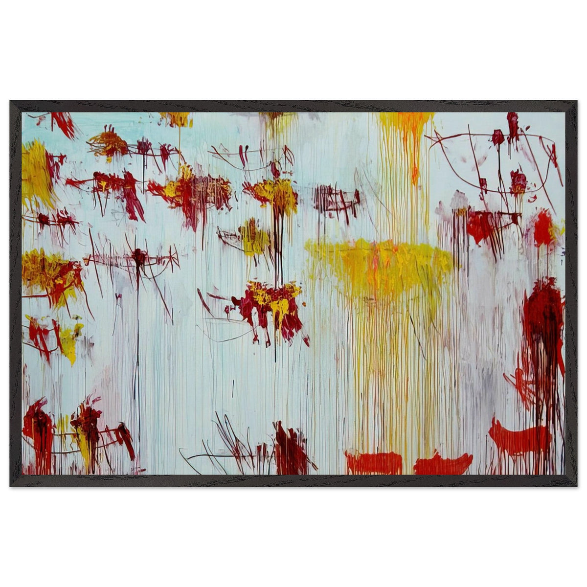 Lepanto, Part X by Cy Twombly framed art print; featuring a luminous pale blue and turquoise background, vivid golden-yellow brushstrokes; size 60 × 90 cm (24 × 36 in); black frame.