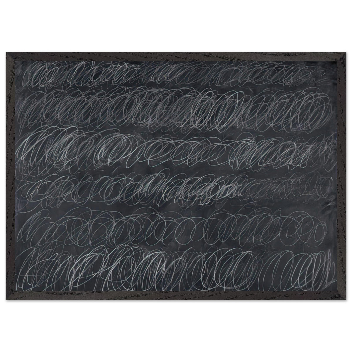 Cold Stream by Cy Twombly framed art print; featuring dense, repeating white and gray scribbled lines arranged in horizontal rows across a deep charcoal-gray; size 30 × 45 cm (12 × 18 in); black frame.