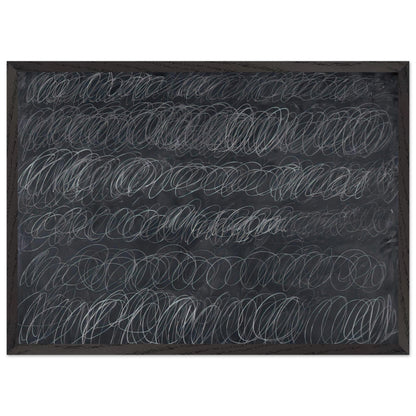Cold Stream by Cy Twombly framed art print; featuring dense, repeating white and gray scribbled lines arranged in horizontal rows across a deep charcoal-gray; size 30 × 45 cm (12 × 18 in); black frame.