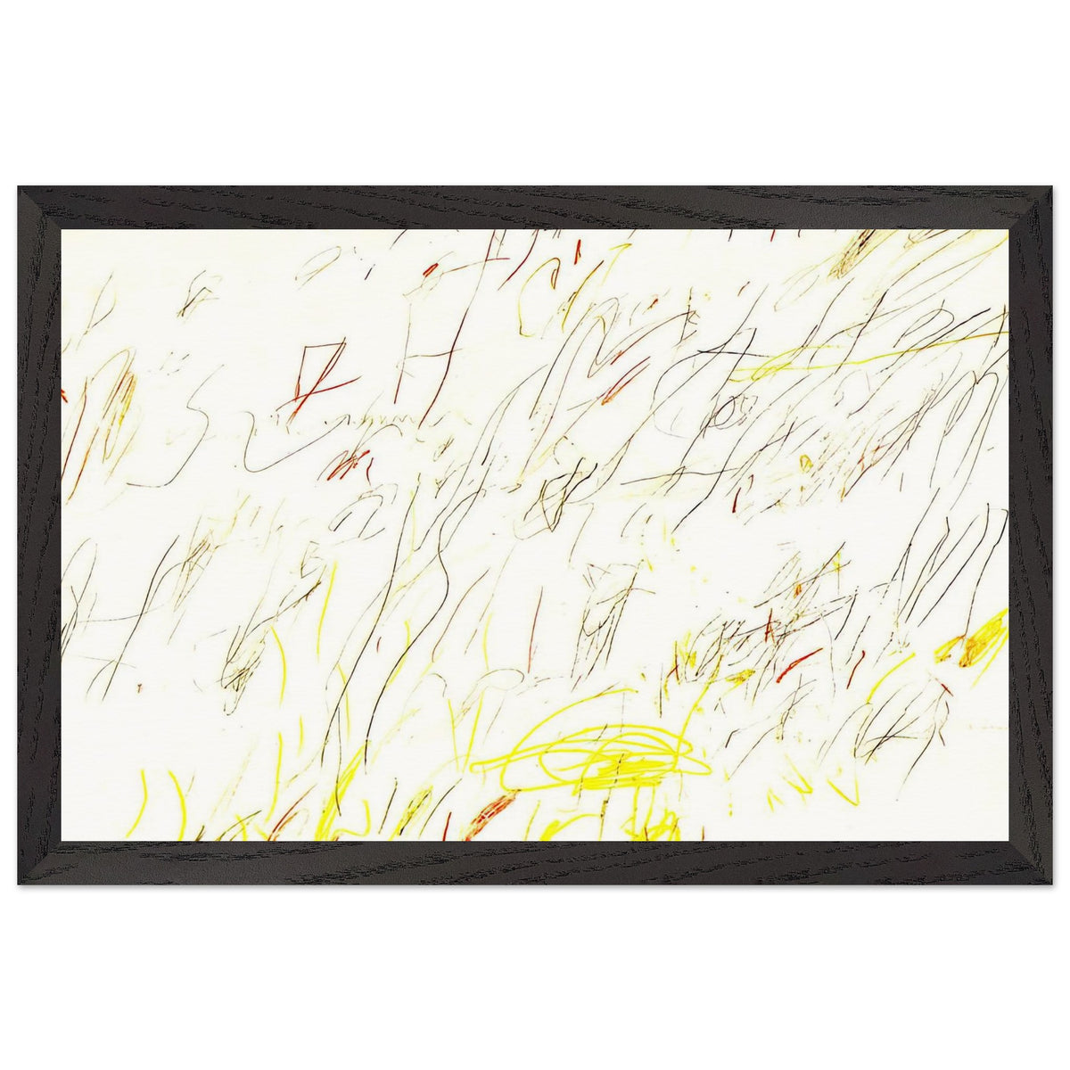 Blue Room by Cy Twombly framed art print; featuring delicate, spontaneous scribbles and gestural lines in shades of black, red, orange; size 30 × 45 cm (12 × 18 in); wood frame.