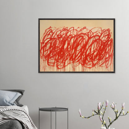 Untitled (Bacchus) by Cy Twombly framed art print; featuring sweeping vermilion-red brushstrokes, overlapping loops, energetic curves.