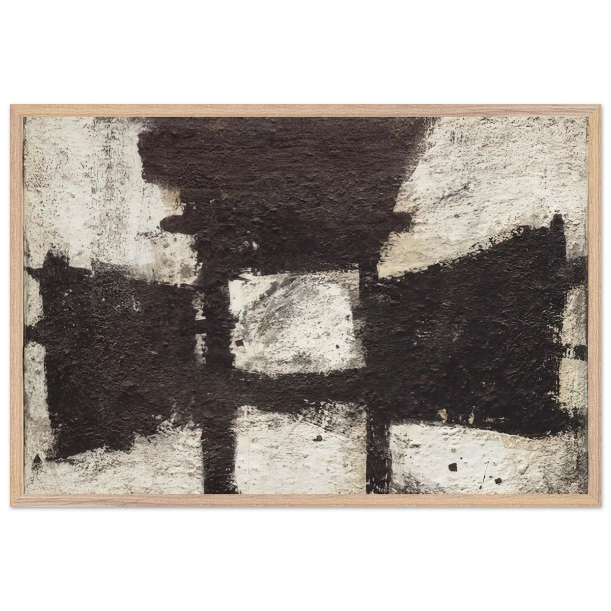 Zyig by Cy Twombly framed art print; featuring bold black and dark brown geometric forms against a textured ivory background; size 30 × 45 cm (12 × 18 in); wood frame.