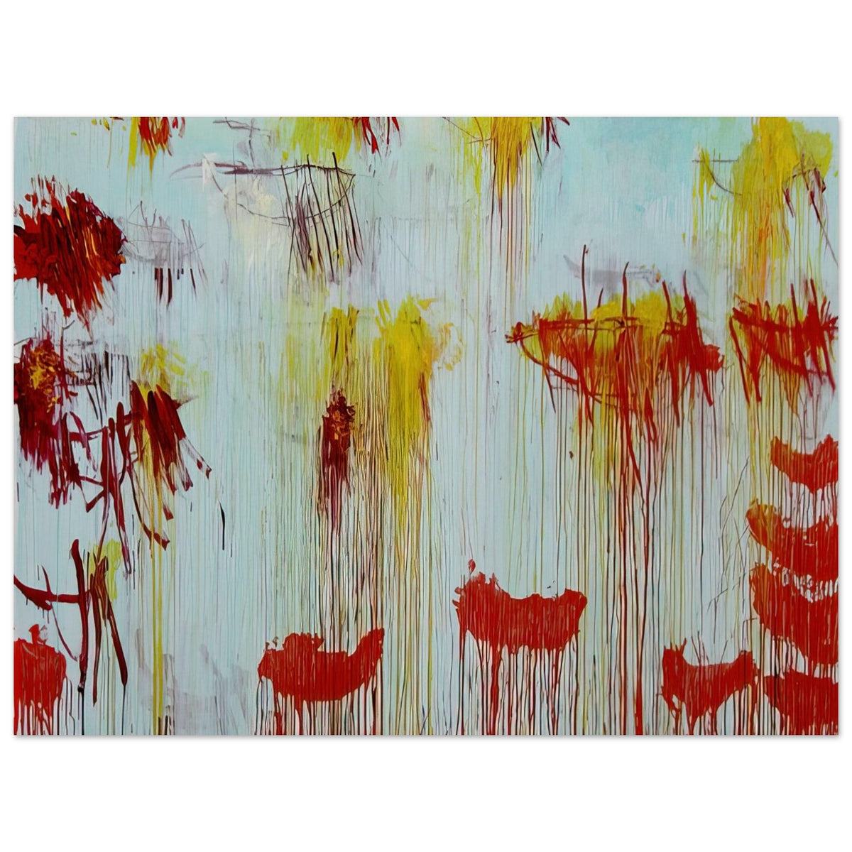 Lepanto, Part XI by Cy Twombly poster, 30 × 40 cm / 12 × 16 in: This expressive composition features a luminous pale turquoise background covered with energetic red….