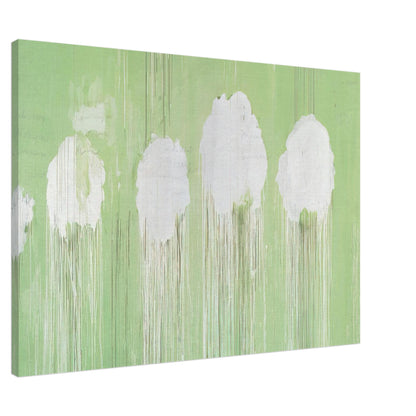Untitled (Peony Blossom Painting) by Cy Twombly canvas print, 40 × 50 cm / 16 × 20 in: soft white, cloud-like blossom forms against a pale green background.