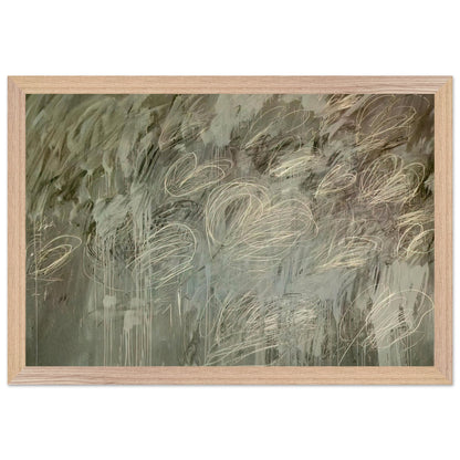 III Notes from Salalah (Note II) by Cy Twombly framed art print; featuring intricate ivory and pale gray looping lines across a richly layered background of muted olive green, gray; size 50 × 70 cm (20 × 28 in); white frame.