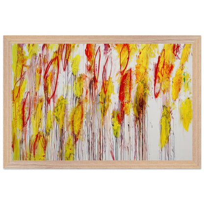 Lepanto, Part I by Cy Twombly framed art print; featuring vivid yellow and golden-orange brushstrokes, fiery red accents, delicate pink marks; size 28 × 43 cm (11 × 17 in); white frame.