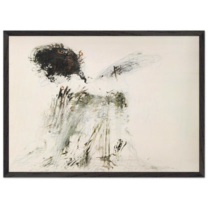 Ides of March by Cy Twombly framed art print; featuring a dramatic mass of black and dark brown marks in the upper-left area, delicate gray lines, earthy green accents; size A1 (59.4 × 84.1 cm); white frame.