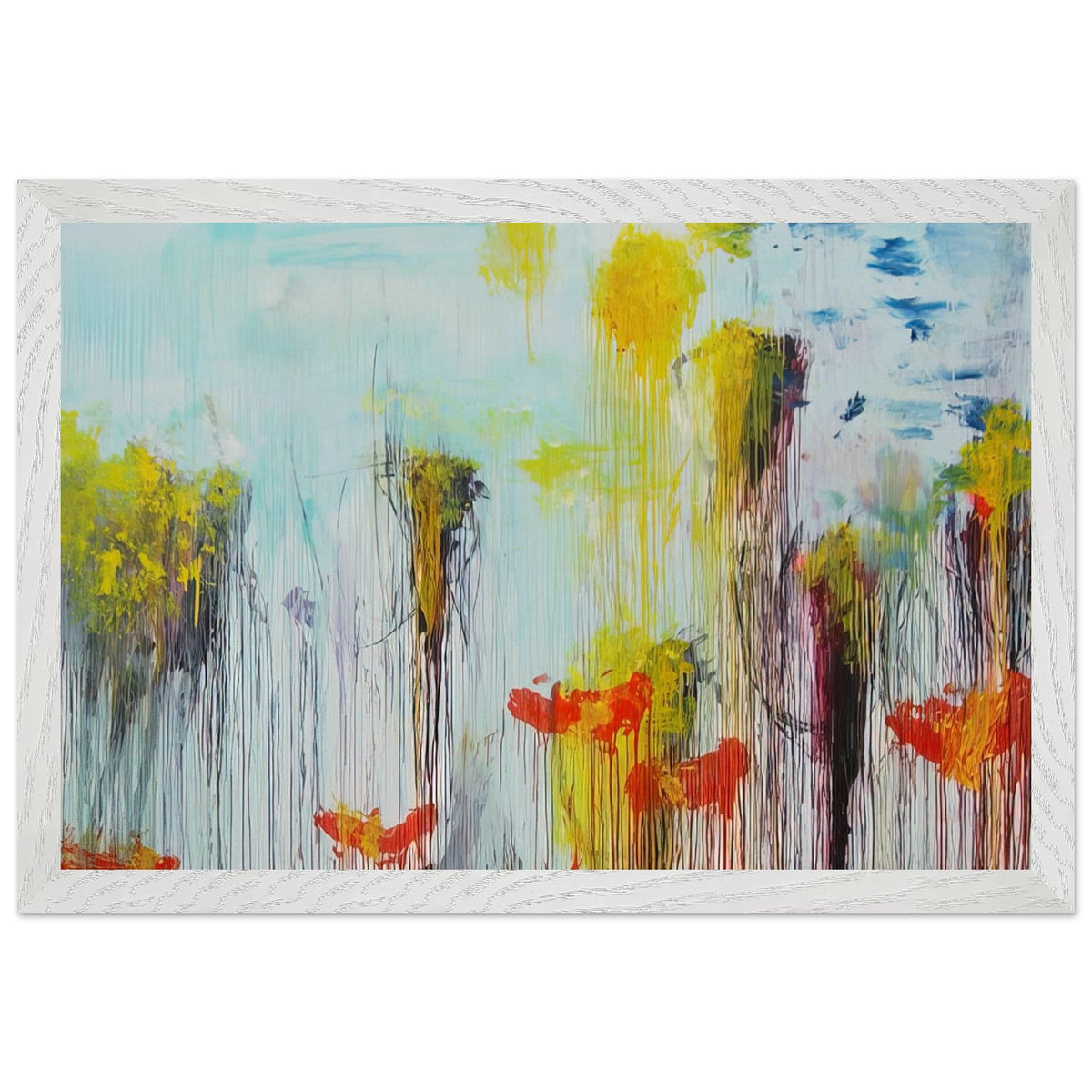 Lepanto, Part VII by Cy Twombly framed art print; featuring vibrant turquoise and aquamarine tones, vivid yellow brushstrokes, fiery orange and red accents; size A1 (59.4 × 84.1 cm); white frame.