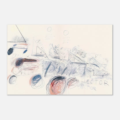 Fifty Days at Iliam: Ilians in Battle by Cy Twombly poster: This striking composition combines energetic red brushstrokes, delicate graphite-like lines….