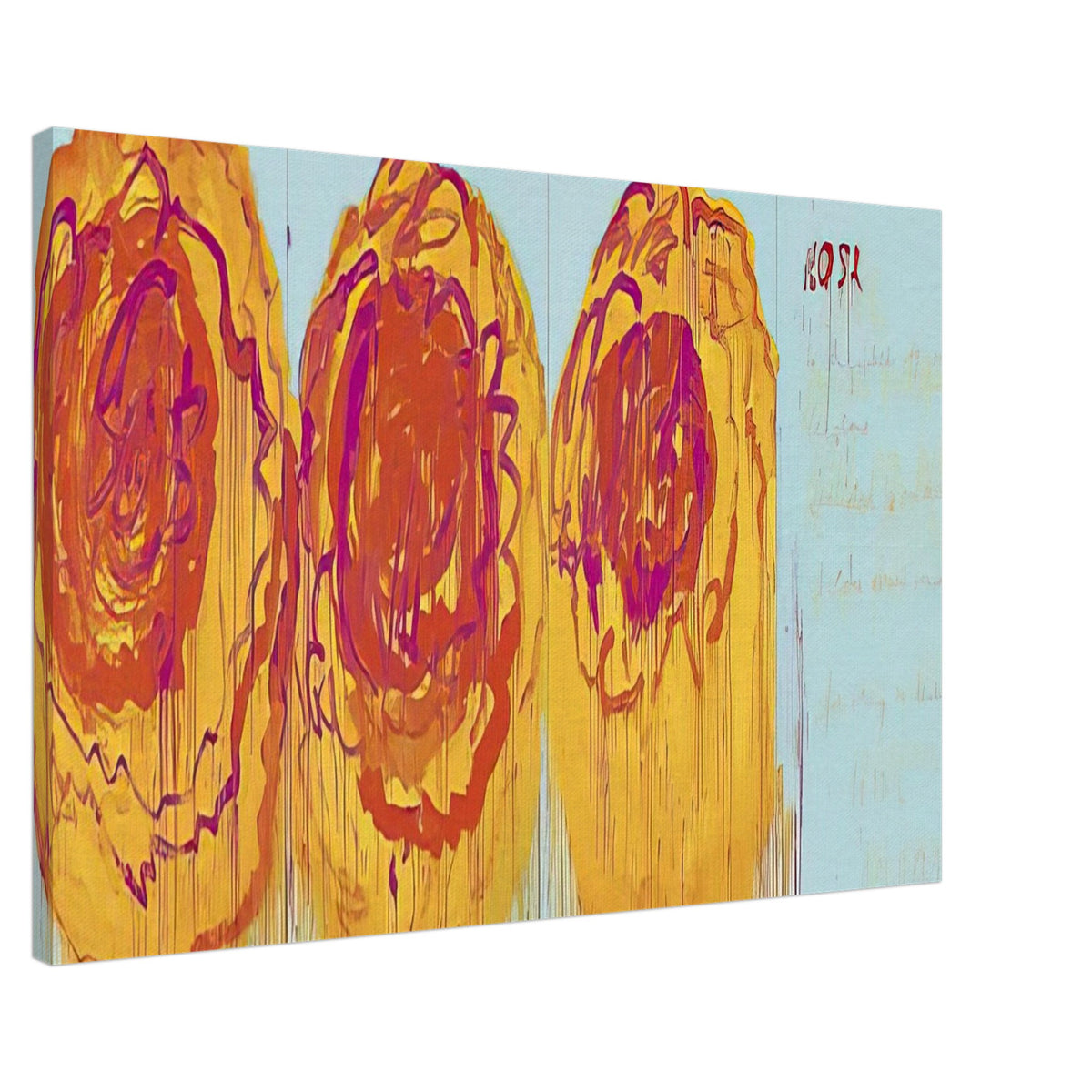 The Rose (I) by Cy Twombly canvas print, 70 × 100 cm / 28 × 40 in: This striking composition features three large, rose-inspired forms in vivid red, orange, yellow….