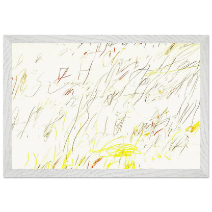Blue Room by Cy Twombly framed art print; featuring delicate, spontaneous scribbles and gestural lines in shades of black, red, orange; size 30 × 45 cm (12 × 18 in); black frame.