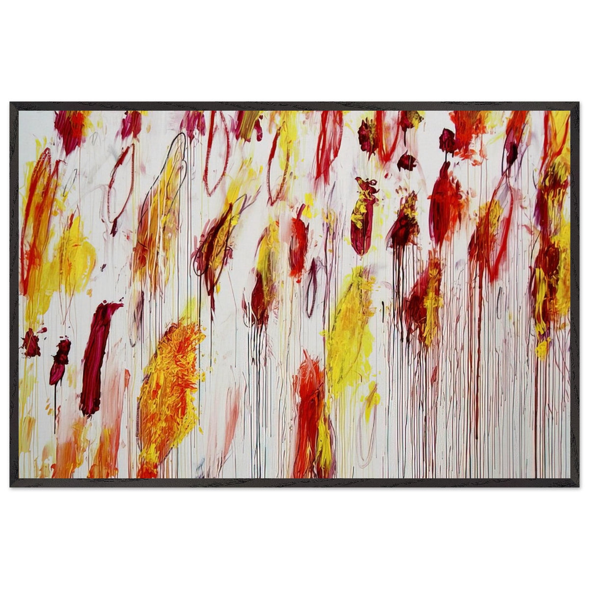 Lepanto, Part IV by Cy Twombly framed art print; featuring vivid yellow and golden-orange pigments, fiery red and crimson brushstrokes, delicate pink accents; size 50 × 70 cm (20 × 28 in); white frame.