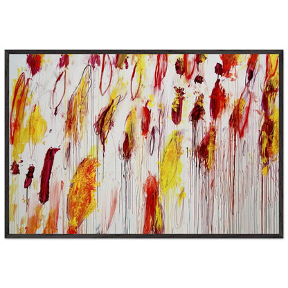 Lepanto, Part IV by Cy Twombly framed art print; featuring vivid yellow and golden-orange pigments, fiery red and crimson brushstrokes, delicate pink accents; size 50 × 70 cm (20 × 28 in); white frame.