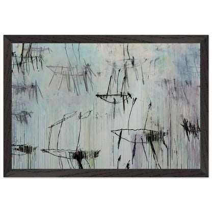 Lepanto, Part V by Cy Twombly framed art print; featuring a pale blue and ivory background, expressive black lines, delicate gray marks, subtle pink undertones; size A1 (59.4 × 84.1 cm); black frame.