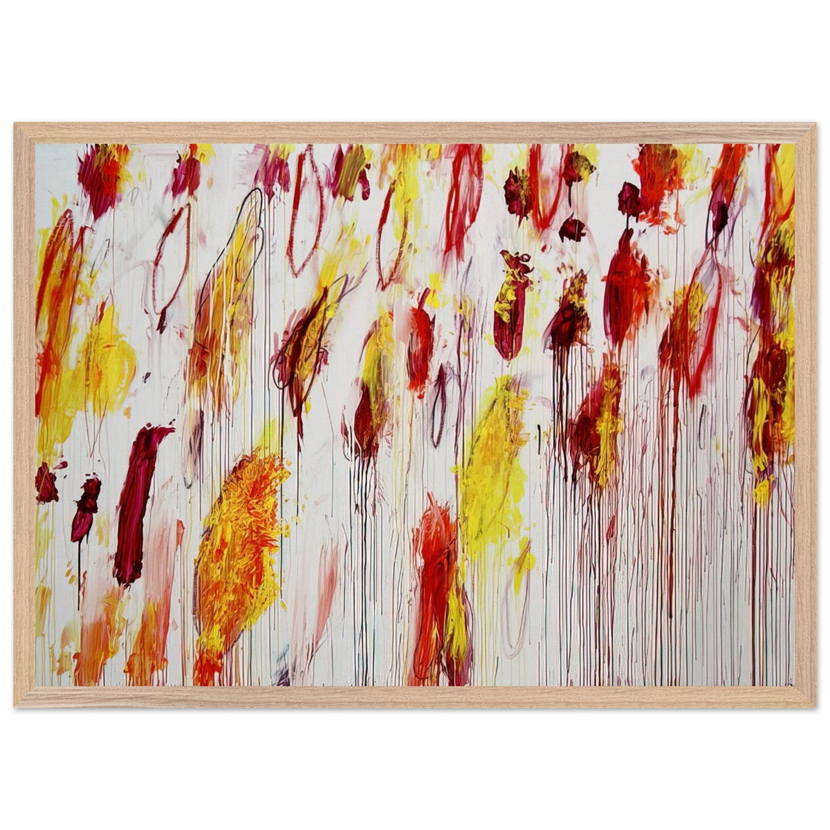 Lepanto, Part IV by Cy Twombly framed art print; featuring vivid yellow and golden-orange pigments, fiery red and crimson brushstrokes, delicate pink accents; size 50 × 70 cm (20 × 28 in); black frame.